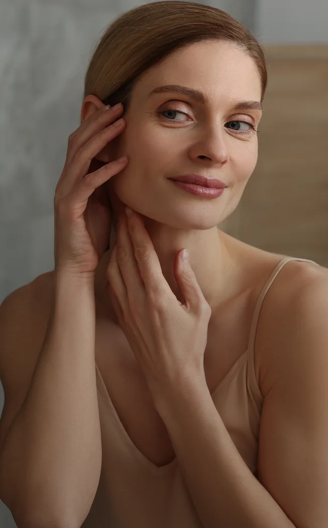 Woman with clear glowing skin touching face gently, demonstrating natural beauty and skincare routine - non surgical in New York , NY